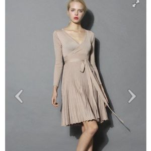 ChickWish knitted nude color pleaded dress